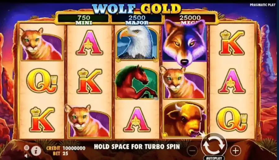 Wolf Gold slot gameplay – reels with wolf, buffalo and eagle symbols